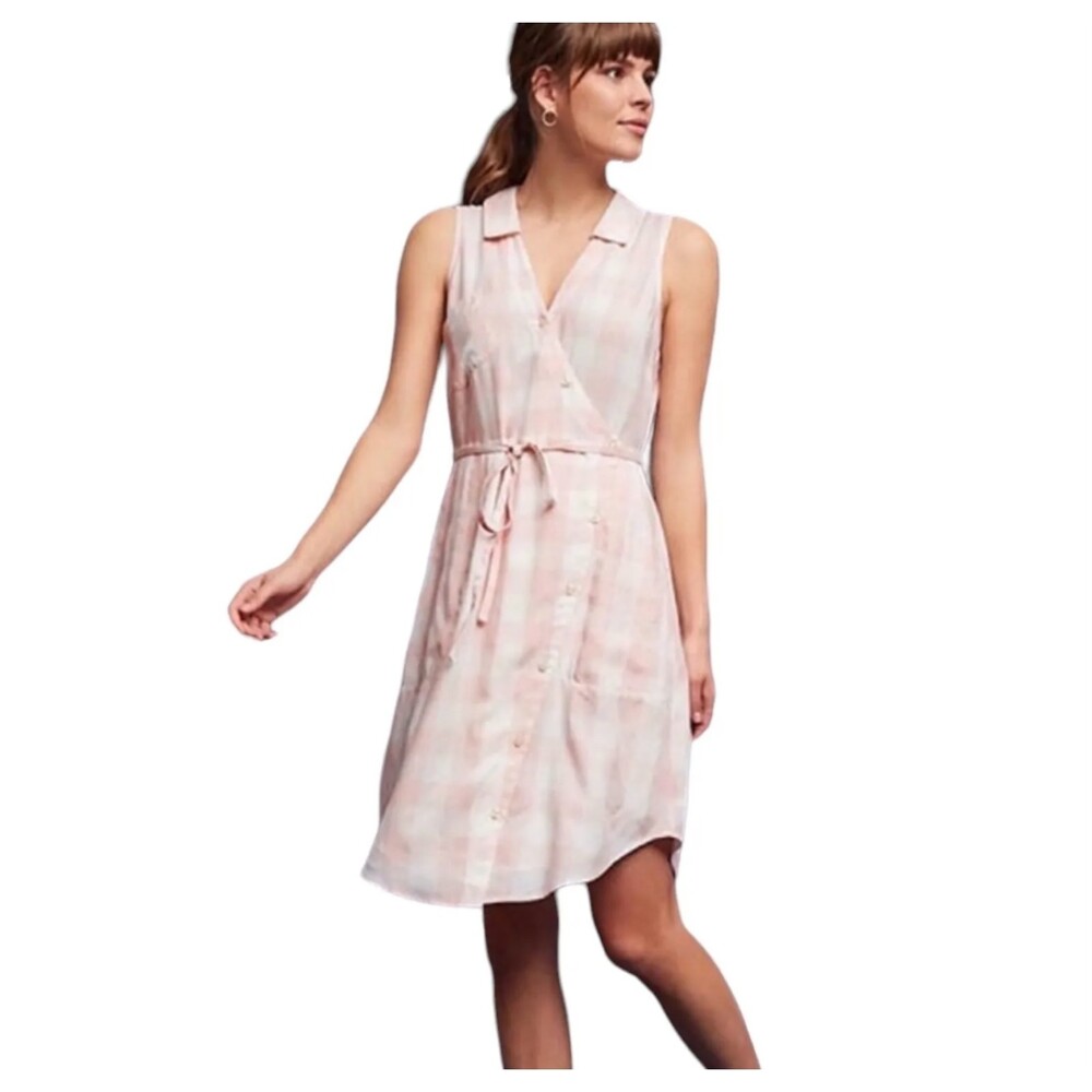 Anthropologie 11.1.Tylho Gingham Button Front Shirt Dress Pink White XL